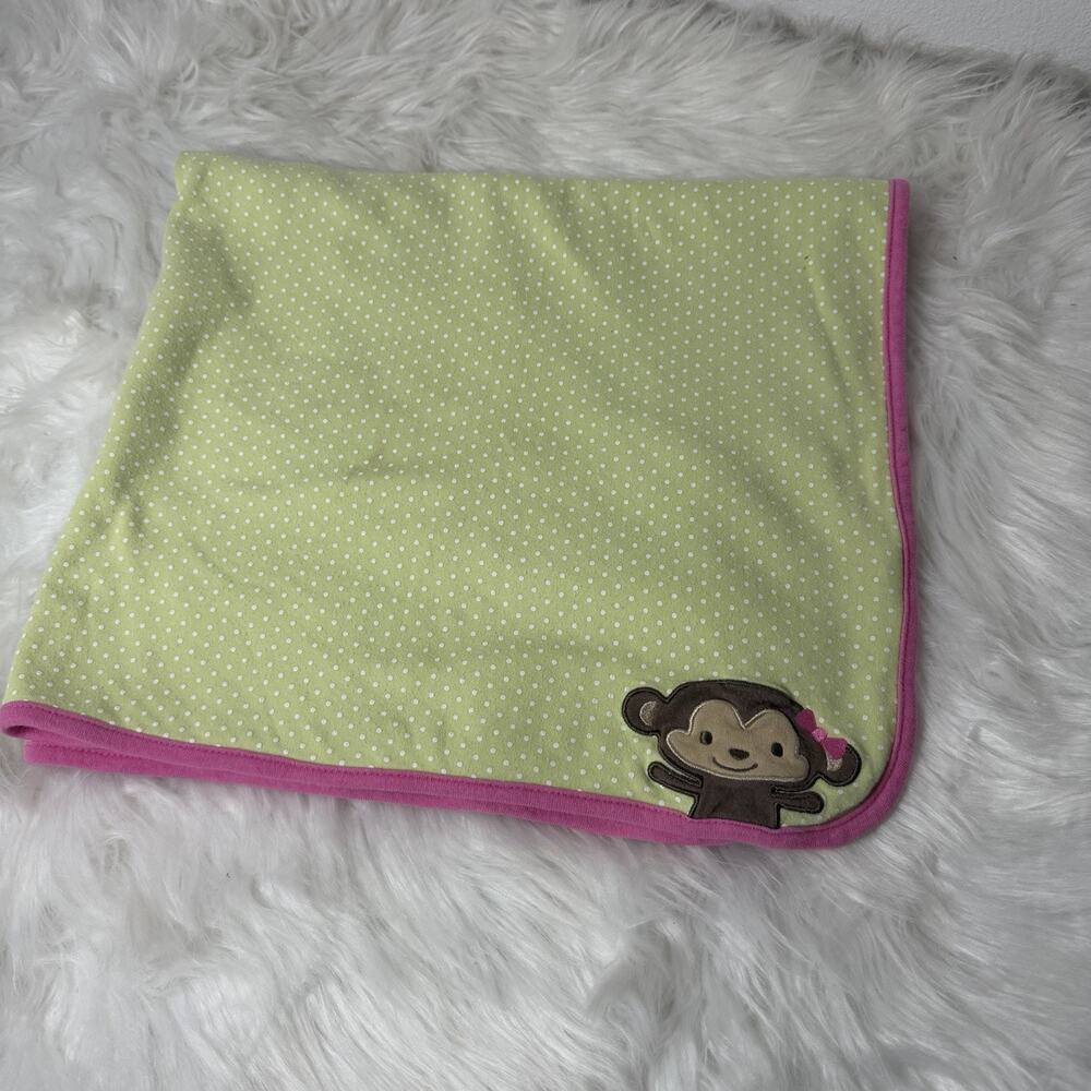Child of Mine Carter's Baby Blanket Brown Monkey Green White Polka Dots Pink